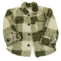 Khaki-smetanová kostkovaná huňatá zateplená bunda ZARA