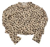 Světlehnědo-černo-hnědá vzorovaná crop halenka s uzlem H&M