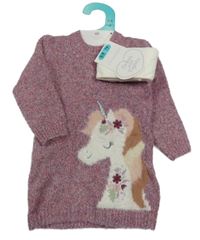 Nové - 2Set - Fialovo-růžové melírované svetrové šaty s jednorožcem + bílé punčocháče PRIMARK