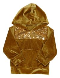 Medová sametová mikina s flitry a kapsou a kapucí