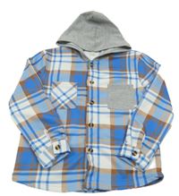 Modro-bielo-hnedá kockovaná košeľová bunda s kapucňou