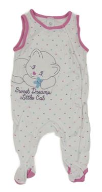 Bílo-růžové dupačky s mačičkou a srdiečkami C&A