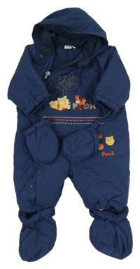 Tmavomodrá šušťáková zateplená kombinéza s Púem a kapucí + rukavice + cápačky Disney