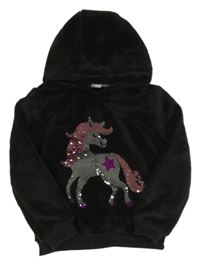 Černá chlupatá mikina s jednorožcem z překlápěcích flitrů a kapucí Kiki&Koko