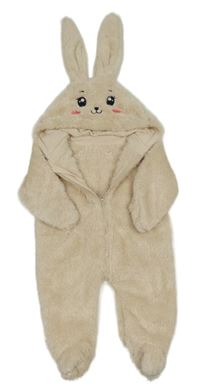 Béžová chlpatá kombinéza s kapucňou s oušky - králik