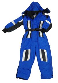 Modro-čierno-biela šušťáková zimná kombinéza s opaskom a kapucňou