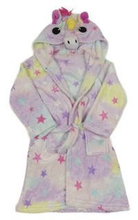 Lila-farebný chlpatý župan s hviezdami a kapucí - jednorožec