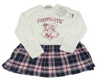 Nové - Smetanovo-tmavomodro-růžová tunika s erbem a kostkovaným vzorem - Harry Potter