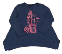 Tmavomodrá melírovaná asymetrická tunika s rtěnkou a motýly Topolino