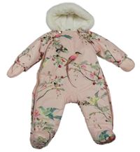 Růžová květovaná šusťáková zimní kombinéza s ptáčky a kapucí + rukavice Baker