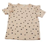 Růžové žebrované tričko se srdíčky a volánky Shein