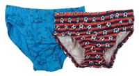 2x slipy - Modré s dinosaury + tmavomodro-červené pruhované s míči