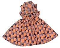 Oranžovo-tmavomodré vzorované šifónové šaty s golierikom George