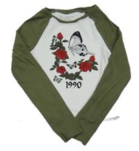 Bílo-khaki rebrované tričko s motýlom a růžemi zn. Primark