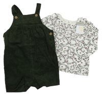 Nové - 2 set - bílo-zelené květované triko + khaki laclové manšestrové kraťasy Principles