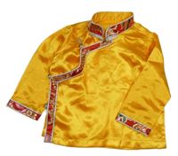 Kockovaným - žlté saténové zavinovací tričko s červeným lemem