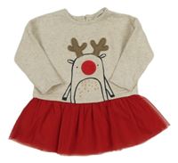 Světlebéžové melírované teplákové šaty s červenou tylovou sukní a sobem Next