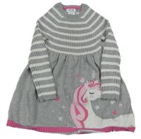 Sivo-biele pruhované svetrové šaty s jednorožcom
