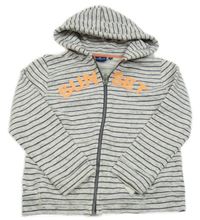 Sivo-tmavomodrá pruhovaná prepínaci mikina s nápisom a kapucňou Tom Tailor