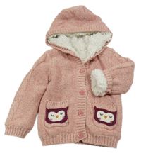 Růžový melírovaný zateplený propínací svetr se sovami a kapucí Nutmeg