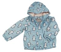 Světlemodrá šusťáková zateplená bunda s tučňáky a kapucí Impidimpi