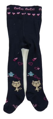 Tmavomodré pančuchy so srdiečkami a kočičkami