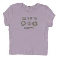 Lila rebrované crop tričko s nápismi a kvetmi H&M