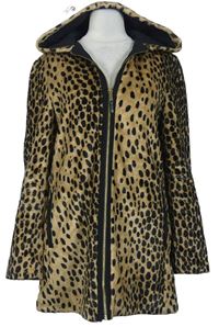 Dámsky béžovo-čierny leopardí plyšový zateplený kabát s kapucňou Zara
