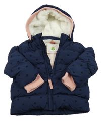 Nové - Tmavomodrá šusťáková zimní bunda se srdíčky a kapucí Topomini