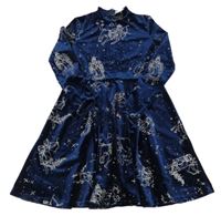 Tmavomodré zamatové šaty s obrázkami Shein