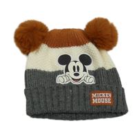 Rezavo-bílo-tmavošedá čepice s Mickeym a bambulemi Disney