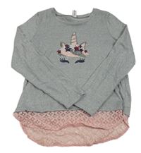 Šedé melírované úpletové triko s jednorožcem a krajkou 