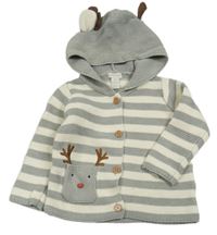 Šedo-smetanový pruhovaný propínací svetr se sobem a kapucí Monsoon