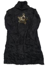 Tmavosivé chlpaté svetrové šaty s hvězdou z pajetek a rolákom Inextenso