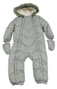 Sivá melírovaná šušťáková zimná kombinéza s kapucí + rukavice F&F