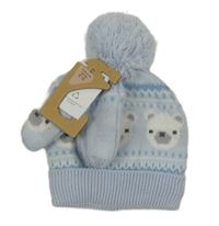 Nové - Svetlomodrá pletená čapica s medvídky + rukavice Nutmeg