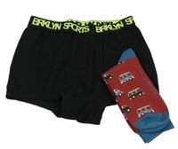 2set - Čierne boxerky s nápisy + červeno-modré ponožky s autami