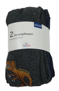 Nové - 2x - Tmavošedé + pruhované punčocháče s dinosaurem Topolino