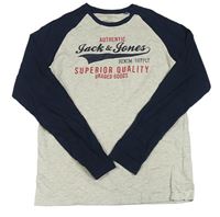 Svetlošedá -tmavomodré melírované tričko s logom a nápismi JACK&JONES