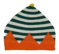 Bílo-tmavozeleno/oranžová pruhovaná čepice - elf Tu