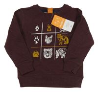 Mahagonová melírovaná mikina se zvířátky a stopami PUSBLU