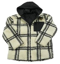 Smetanovo-černá kostkovaná huňatá zateplená košilová bunda s kapucí St. Bernard