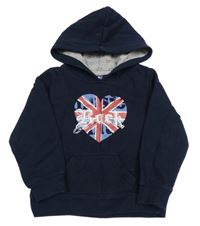 Tmavomodrá mikina so srdíčkem/vlajkou a vreckom a kapucňou lupilu