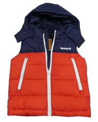 Červeno-tmavomodrá prošívaná šusťáková zateplená vesta s logem a kapucí Timberland