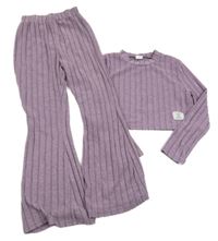 2Set - Lila-šedé melírované žebrované úpletové crop mikinotriko s nášivkou + flare kalhoty