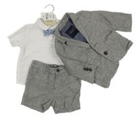 Nové - 4Set - Sivé melírované ľanové sako + kraťasy + biela košile + modrý motýlok Next