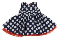 Tmavomodro-bílé puntíkaté plátěné šaty s červeným tylovým volánkem M&S