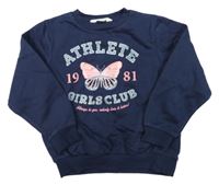 Tmavomodrá mikina s motýlkom a nápismi H&M