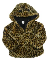 Béžovo-čierna chlpatá zateplená bunda s leopardím vzorom a kapucňou GAP