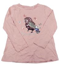 Ružové tričko s vtáčikom s překlápěcími flitre Topolino
